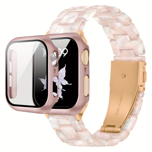 2-in-1 watch strap + screen protector case, stylish and lightweight resin watch strap compatible with stainless steel buckle, PC and resin material, suitable for iWatch 9 8 7 6 5 4 series, size: 40/41/44/45mm