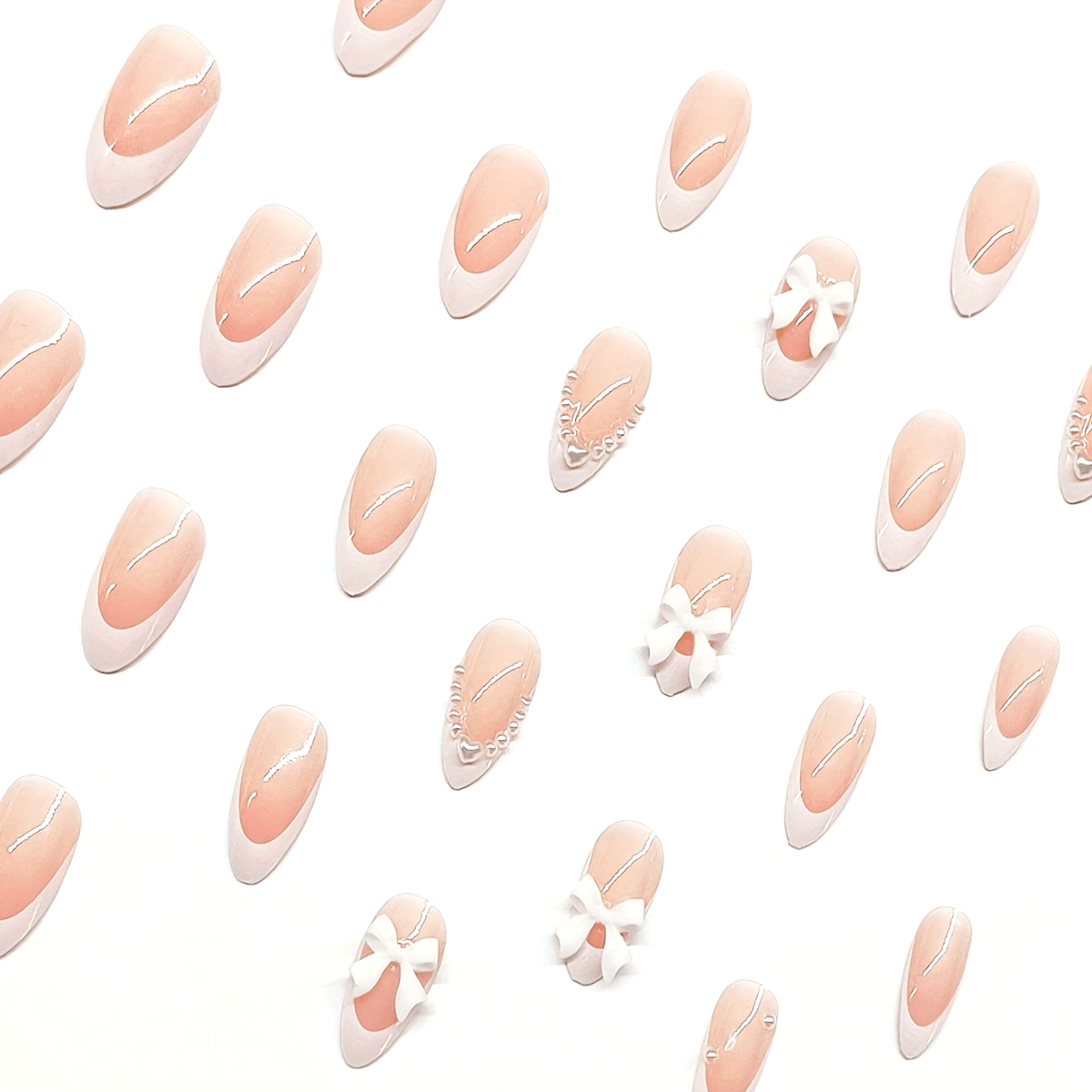 [24PCS Pearl Press-On Nails] 24 Pieces Elegant Pearl and Heart Bow Press-On Nails | Short Almond Shape, Mixed Color, Glossy Finish for Women and Girls