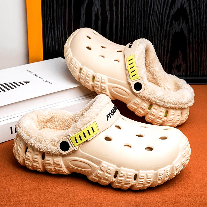 Unisex Winter Fleece-Lined Slip-On Clogs with Removable Plush Inner Lining, Non-Slip EVA Sole & Thick Insulation for Snow & Cold Weather - Beige Casual Shoes for Men and Women, Winter Shoes, Outdoor Footwear, Unique Tread Pattern, Durable Grip Footwear