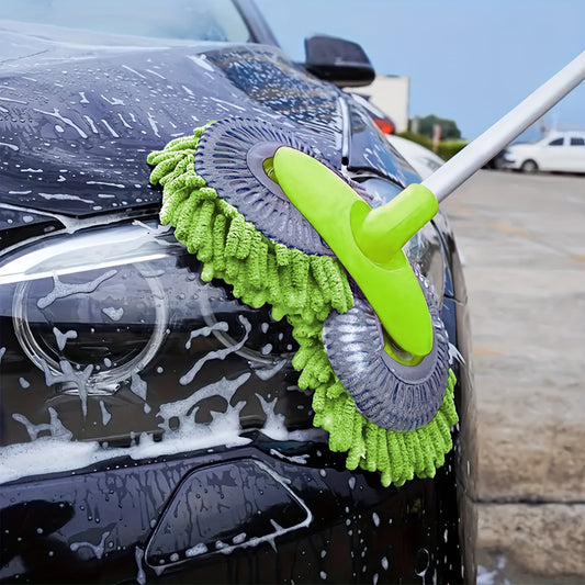 [Dual Brush] 3-in-1 Green Dual Brush Head Microfiber Car Wash Mitt | Durable and Absorbent | Car Washing Essentials | Dual Brush Design | Absorbent Material | Car Washing Supplies