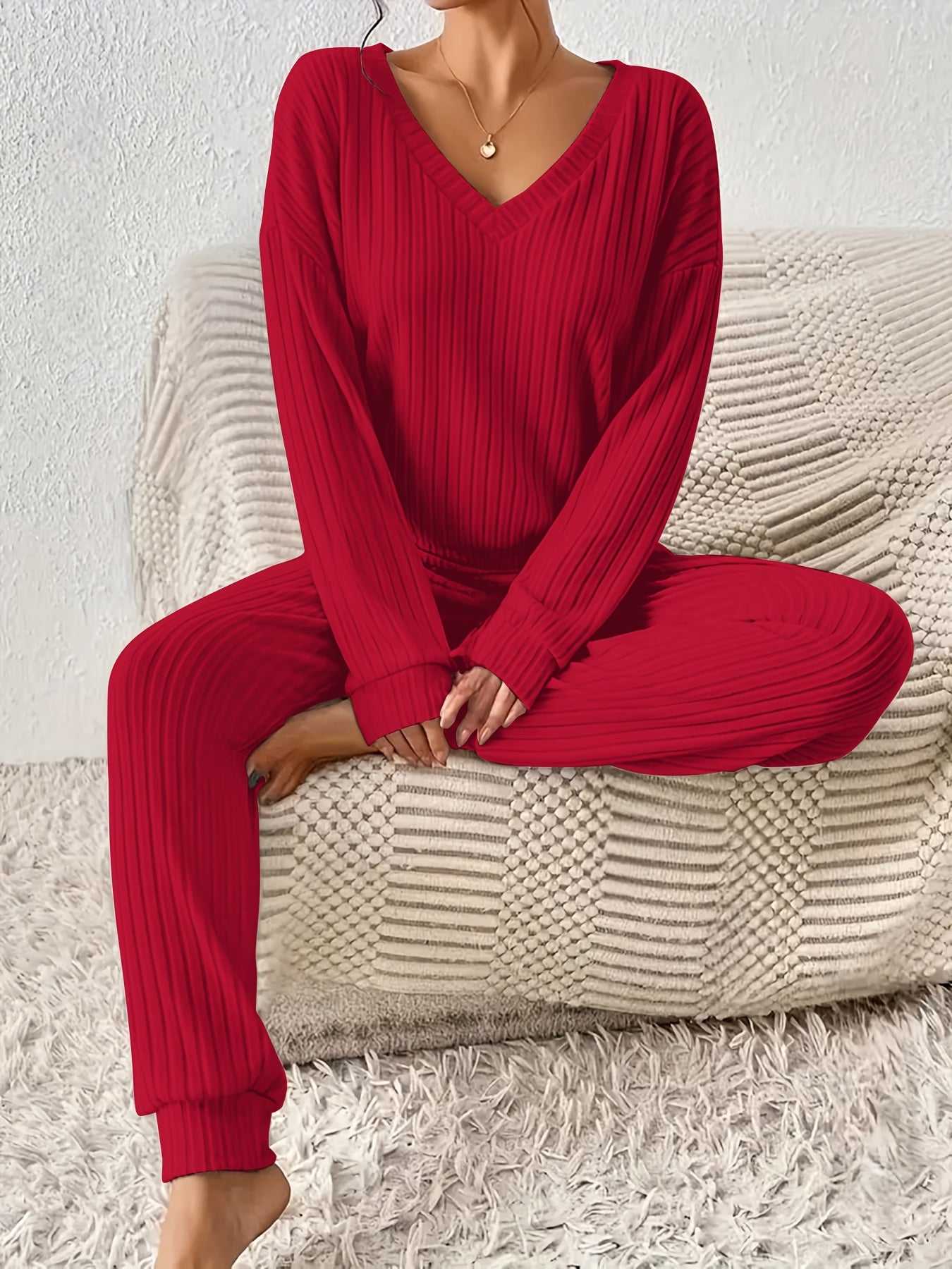 Stylish Solid Color Casual Long Sleeve Pantsuit for Women - V-Neck Ribbed Knit Top and Joggers Set, Perfect for Fall/Winter