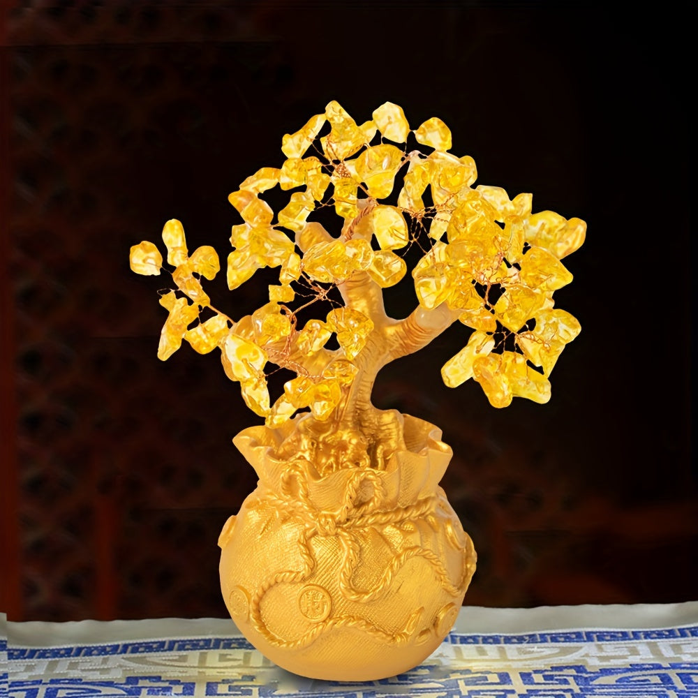 1pc Handcrafted Golden Crystal Money Tree in Intricate Pot - Prosperity & Wealth Attracting Decor, No Power Needed, Freestanding with Detailed Leaves for Home & Office