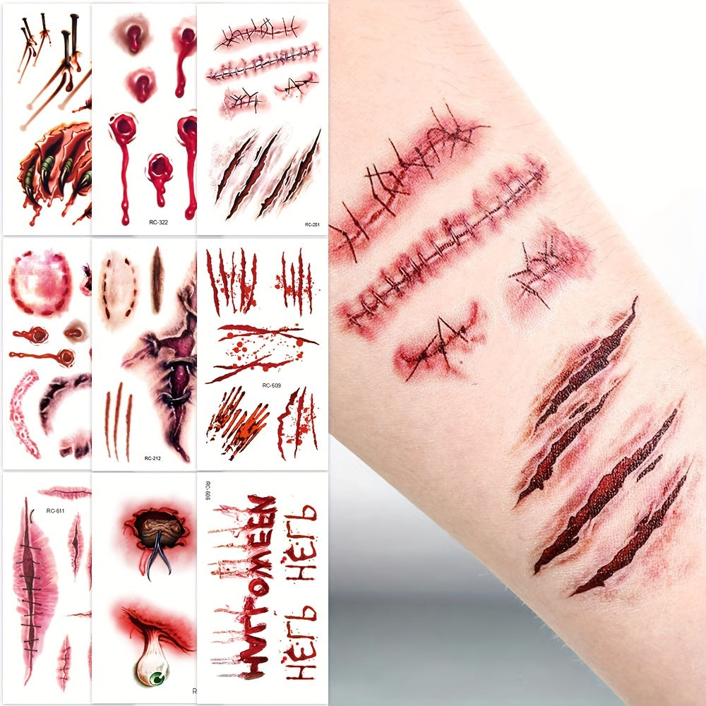 24 Sheets Halloween 3D Fake Scar Temporary Tattoos for Adults - Realistic Bloody Wound Designs for Face & Body, Perfect for Horror Cosplay, Masquerade Party, and Prank Makeup, Party Body Art | Graphic Tattoos | Detailed Tattoo Designs