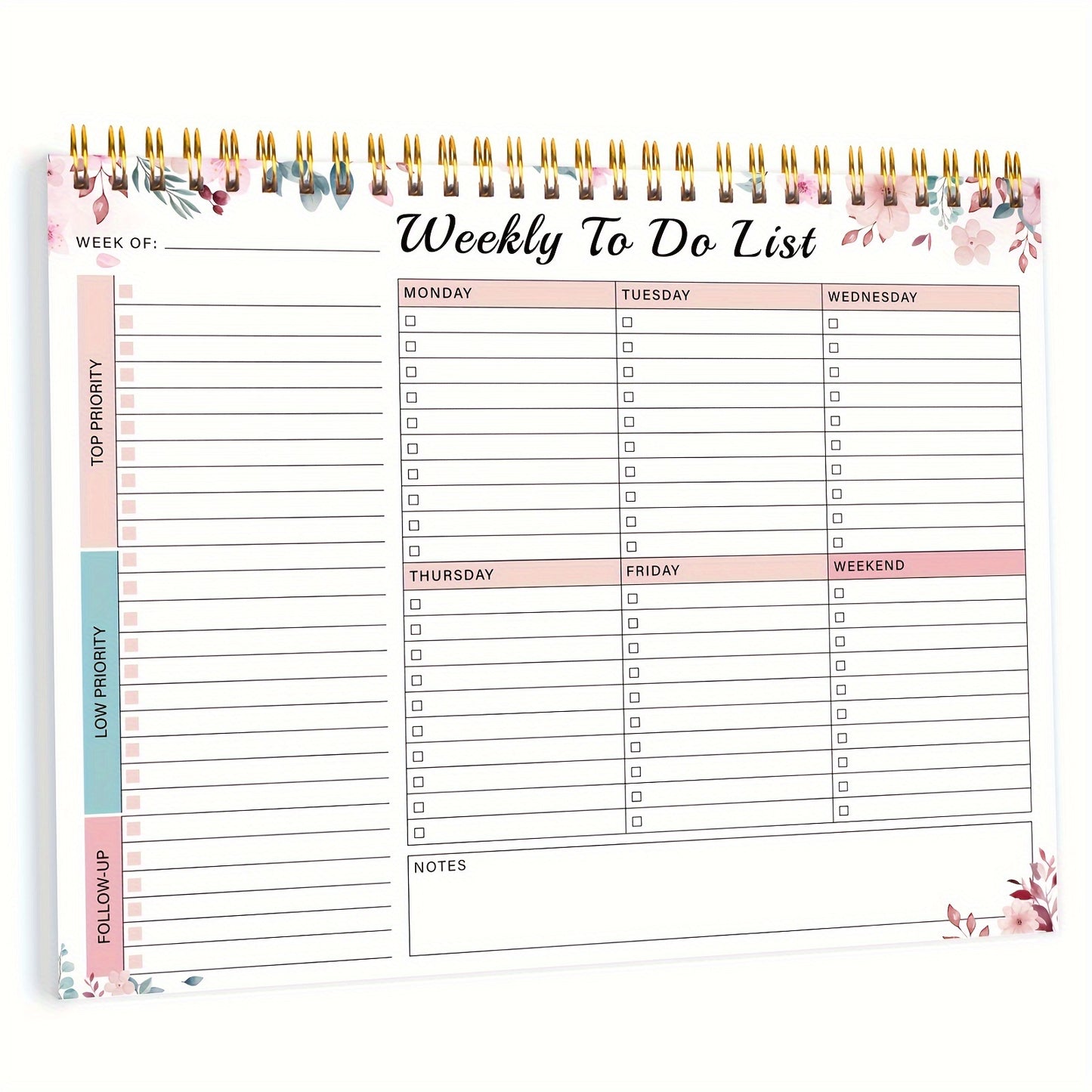 Weekly Planner Pad - Undated 52 Page Spiral or Glue Bound To-Do List, 8.5" x 11" Desk Task Planner for Work & Personal Organization