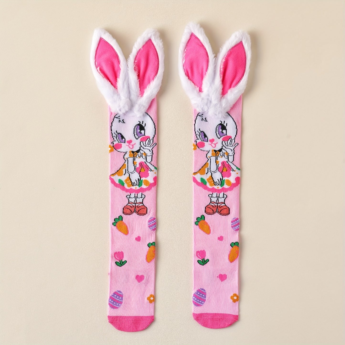 [Colorful Bunny Socks] 1 Pair Bunny Ear Knee-High Socks | Colorful Cartoon Rabbit Design with Easter Eggs & Flowers, Soft Polyester All-Season Machine Washable Socks Fashion