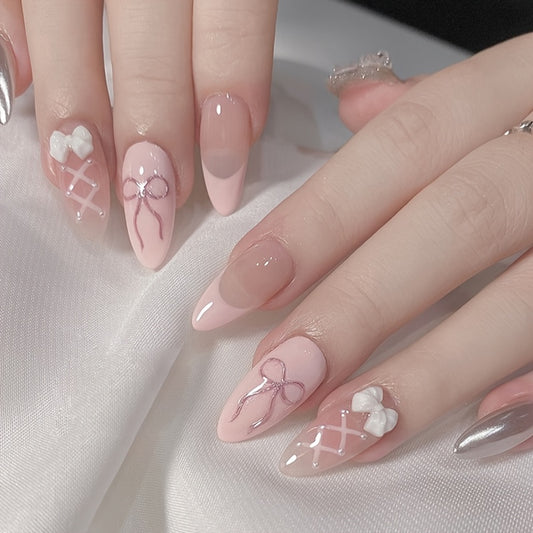 24pcs of Pink Bow Sweet And Cute Push-On False Nails, One Jelly Glue And One Nail File