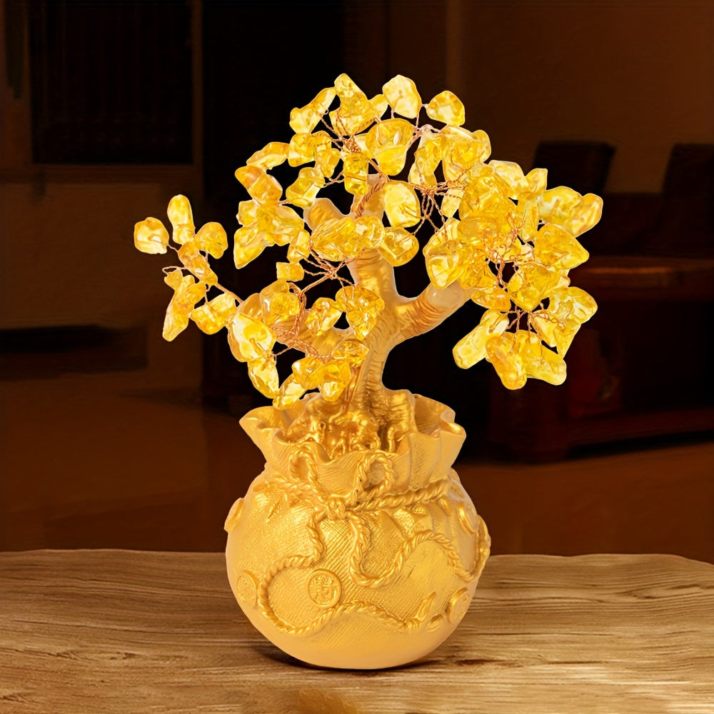 1pc Handcrafted Golden Crystal Money Tree in Intricate Pot - Prosperity & Wealth Attracting Decor, No Power Needed, Freestanding with Detailed Leaves for Home & Office