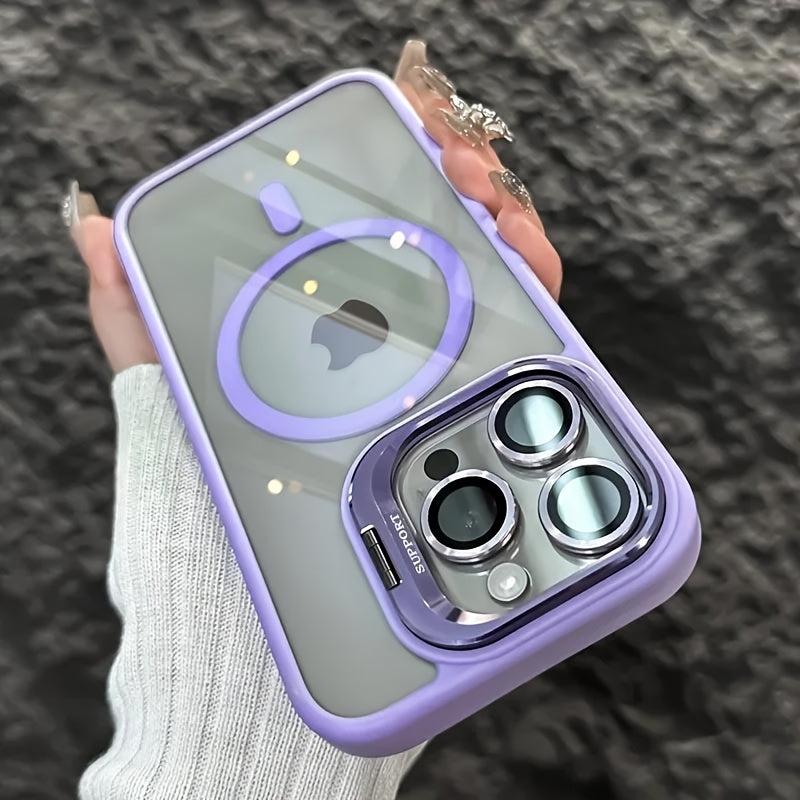 Simplified Magnetic Metal Frame Lens Protective Film/Bracket Three In One Phone Case Suitable for iPhone 16 16pro 16proMax 15 15Pro 15ProMax 14 14Pro 14ProMax 13 13Pro 13ProMax 12 12Pro 12ProMax 11 Acrylic Anti Drop Hard Shell Protective Case