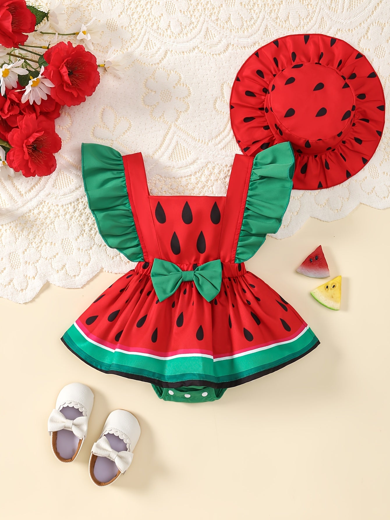 2pcs Baby Girls Summer Dress Set, Watermelon Print Ruffled Lace Trim Romper with Backless Design and Sun Hat, Polyester Dressy Style, Regular Fit, with Summer Collection for Outdoor