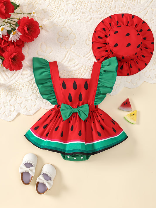 2pcs Baby Girls Summer Dress Set, Watermelon Print Ruffled Lace Trim Romper with Backless Design and Sun Hat, Polyester Dressy Style, Regular Fit, with Summer Collection for Outdoor