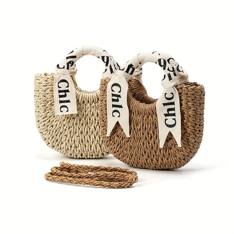 [Elegant Handbag] Elegant Straw Weaving Handbag | Simple and Stylish Women's Shoulder Bag Summer Beach Bag, Semi-Circular with Drawstring Closure, Casual Beach Tote