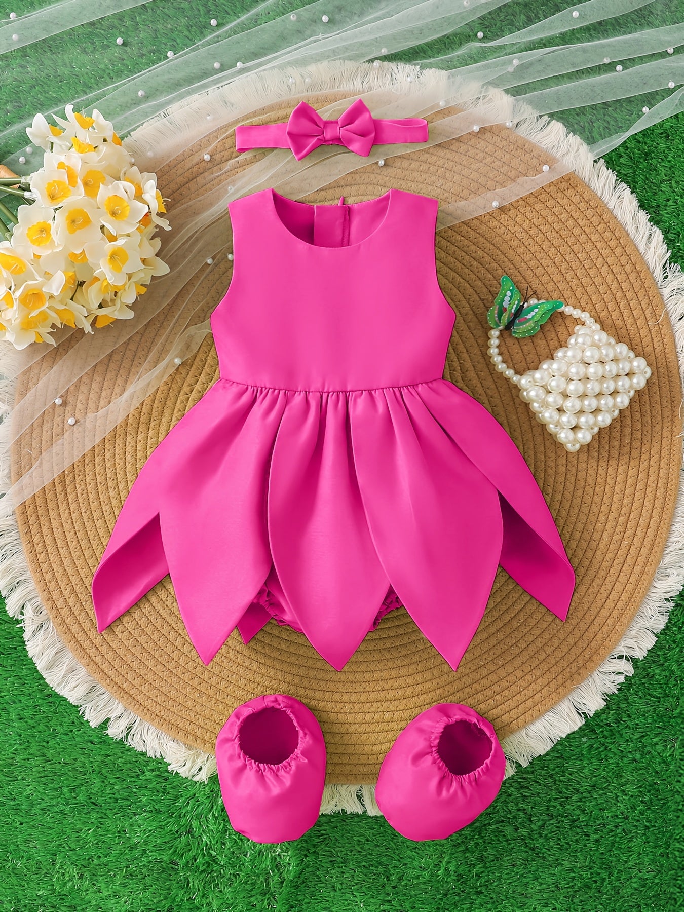 [Cute Fairy Dress] Summer Cute Green Fairy Princess Petal Dress Set for Baby Girl | Sleeveless Top with Ruffled Skirt, Matching Headband & Hair Accessories, Soft Non-Stretch Fabric