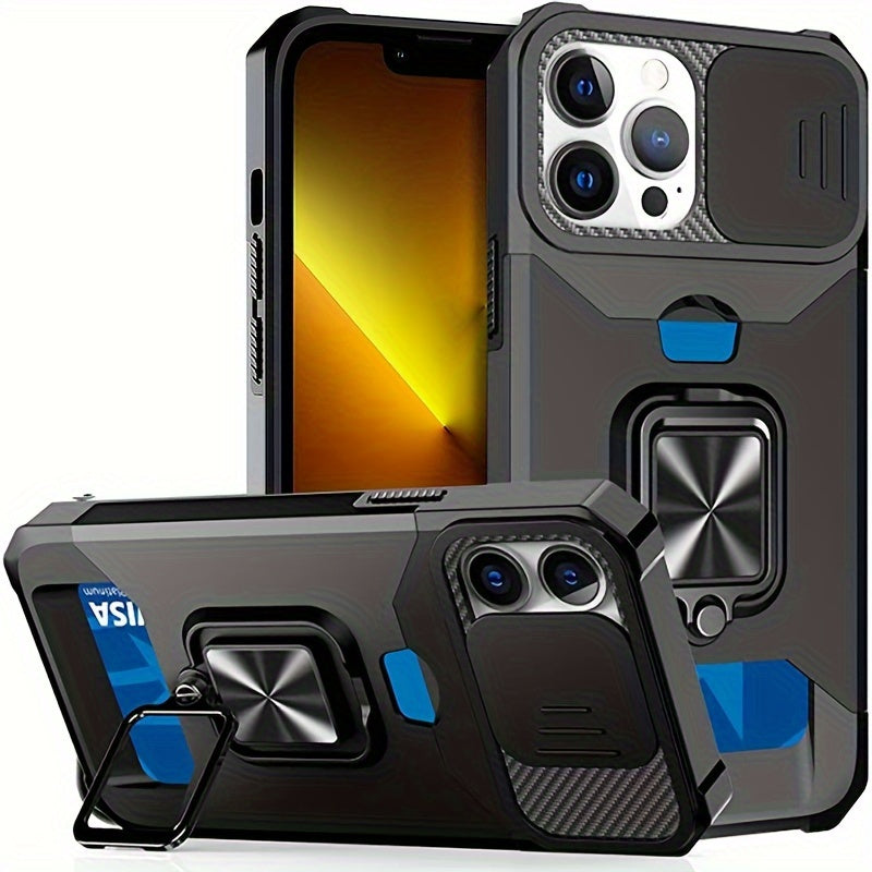 [1pc Heavy-Duty Phone Case] Heavy-Duty Shockproof Phone Case with a Metal Stand And Card Slot, Compatible with Iphone 16 Pro Max, 15 Pro Max, 14 Pro Max, And 13 Pro Max.