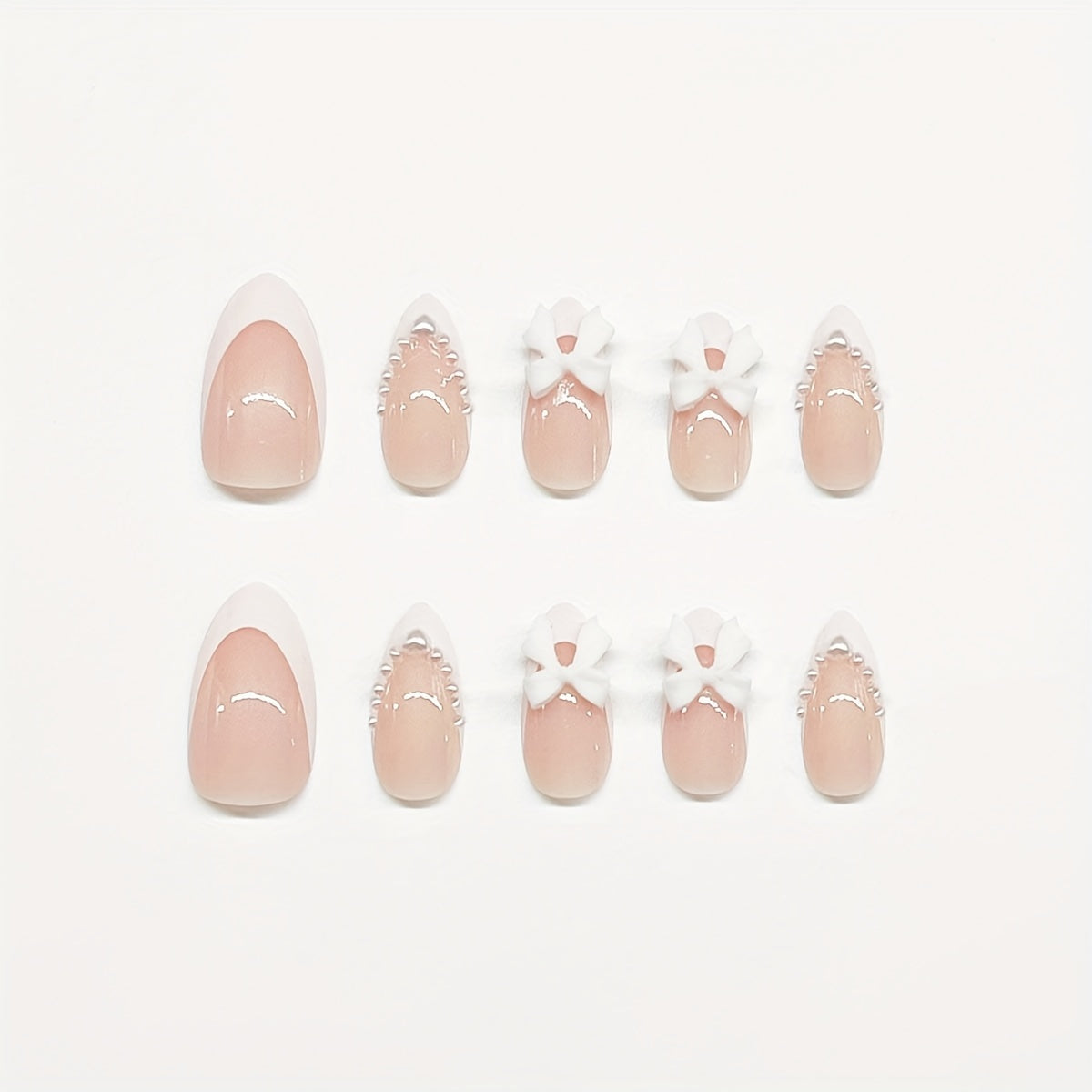 [24PCS Pearl Press-On Nails] 24 Pieces Elegant Pearl and Heart Bow Press-On Nails | Short Almond Shape, Mixed Color, Glossy Finish for Women and Girls
