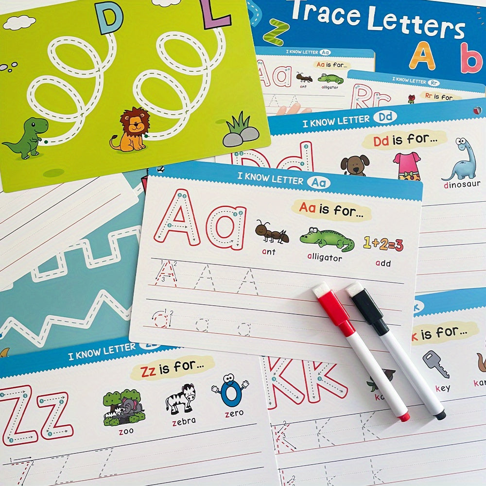 1 Set/2 Sets Trace And Wipe Educational Flash Cards Set, Alphabet Letters & Numbers With Phonics, Reusable Dry Erase Handwriting Practice Tool, ABC Learning Cards For Activities