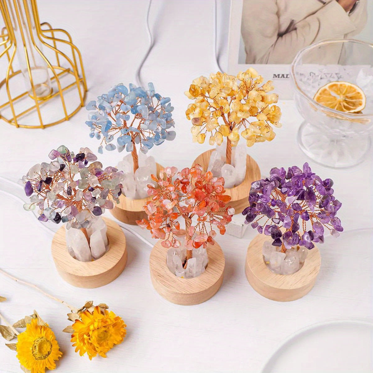 [Natural Quartz Crystal Nightlight] 1pc Natural Clear Quartz Crystal Chip Tree - USB Port Decorative Bedside Ambiance Nightlight