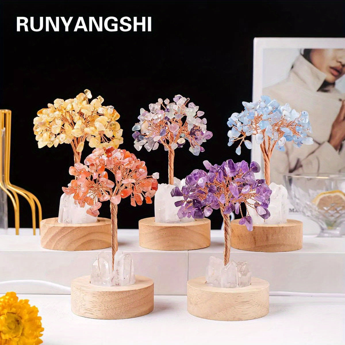 [Natural Quartz Crystal Nightlight] 1pc Natural Clear Quartz Crystal Chip Tree - USB Port Decorative Bedside Ambiance Nightlight