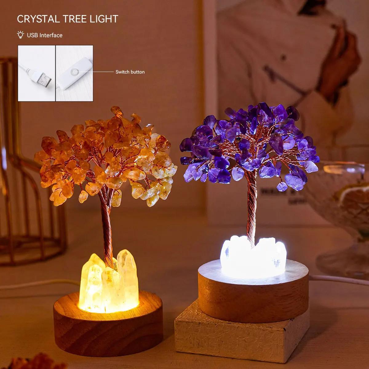 [Natural Quartz Crystal Nightlight] 1pc Natural Clear Quartz Crystal Chip Tree - USB Port Decorative Bedside Ambiance Nightlight