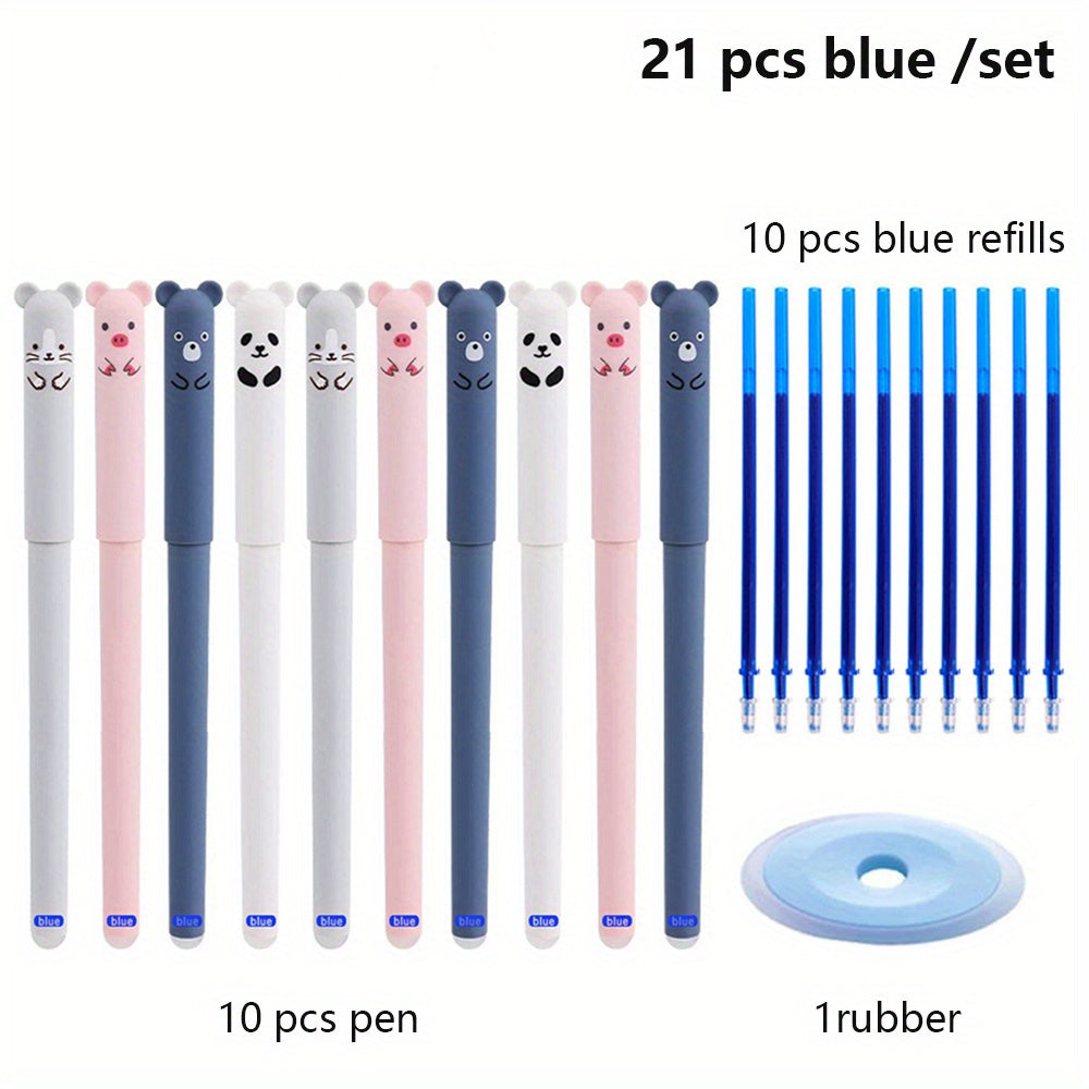 21pcs/set Erasable Bear Animal Gel Pens Easy to Erase 0.35mm Black and Blue Gel Pen Refills Animal Writing Stationery Office Supplies