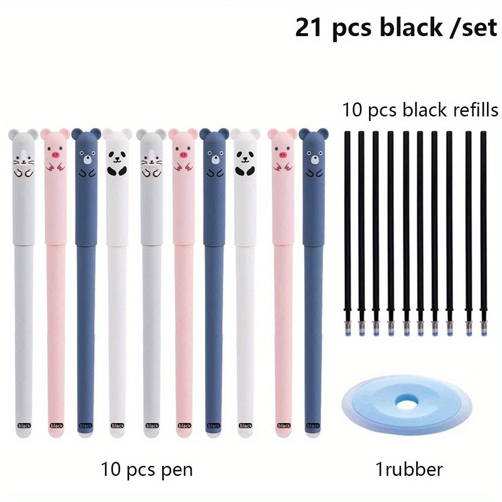 21pcs/set Erasable Bear Animal Gel Pens Easy to Erase 0.35mm Black and Blue Gel Pen Refills Animal Writing Stationery Office Supplies