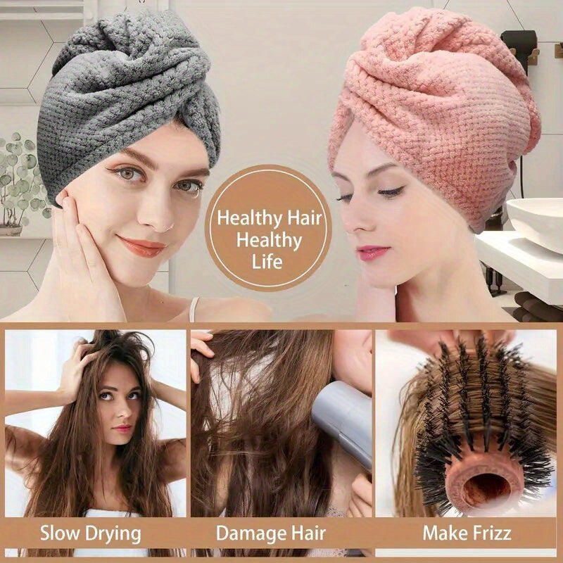 2-Pack Super Absorbent Microfiber Hair Towels, 300GSM Soft Quick-Dry Hair Drying Cap for Normal Hair, Unscented Curl Enhancing Textured Hair Wrap Turban, Easy Button-Fastening Design for Bathroom Accessories