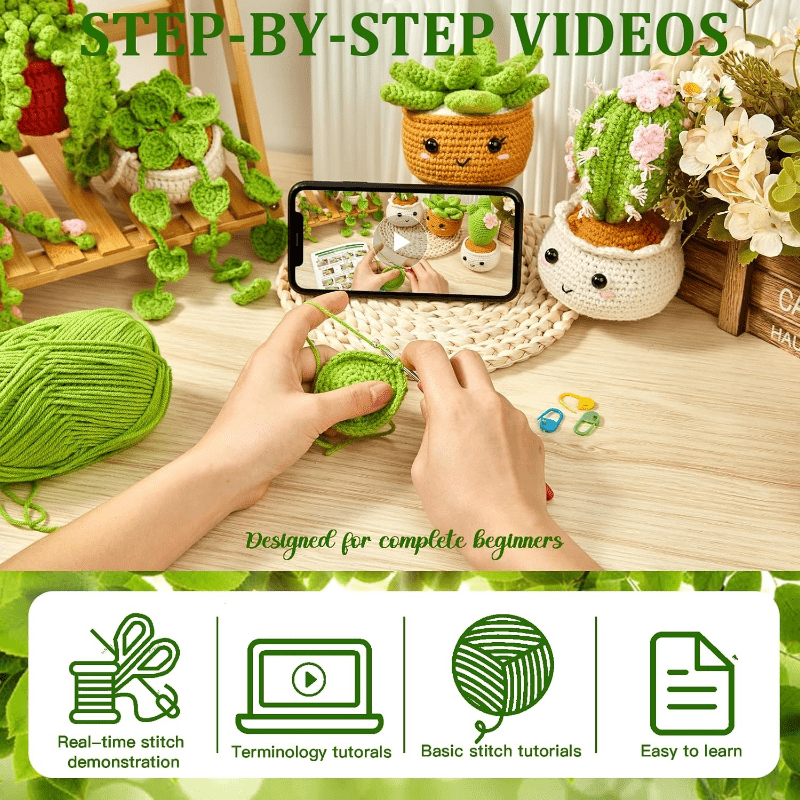 6pcs DIY Handcraft Set Beginner Crochet Kit with Yarn, Instructions, Video Tutorial for Adults - Perfect for Halloween & Christmas Gifts