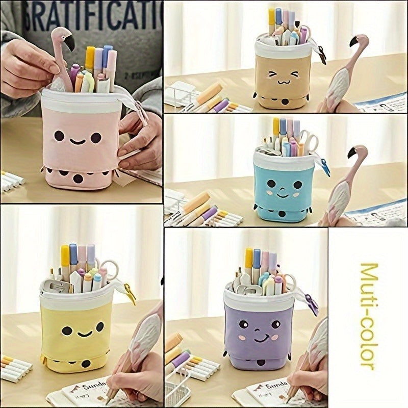 [Polyester Pencil Case] Durable Polyester 1pc Large Capacity Pencil Case | Smiling Face Design, Telescopic Extension, Spacious Stationery Holder for School, Office, Travel - Features Pens, Pencils & Erasers Compartments, Pencil Pouch
