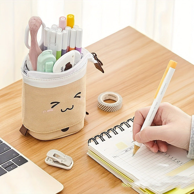 [Polyester Pencil Case] Durable Polyester 1pc Large Capacity Pencil Case | Smiling Face Design, Telescopic Extension, Spacious Stationery Holder for School, Office, Travel - Features Pens, Pencils & Erasers Compartments, Pencil Pouch