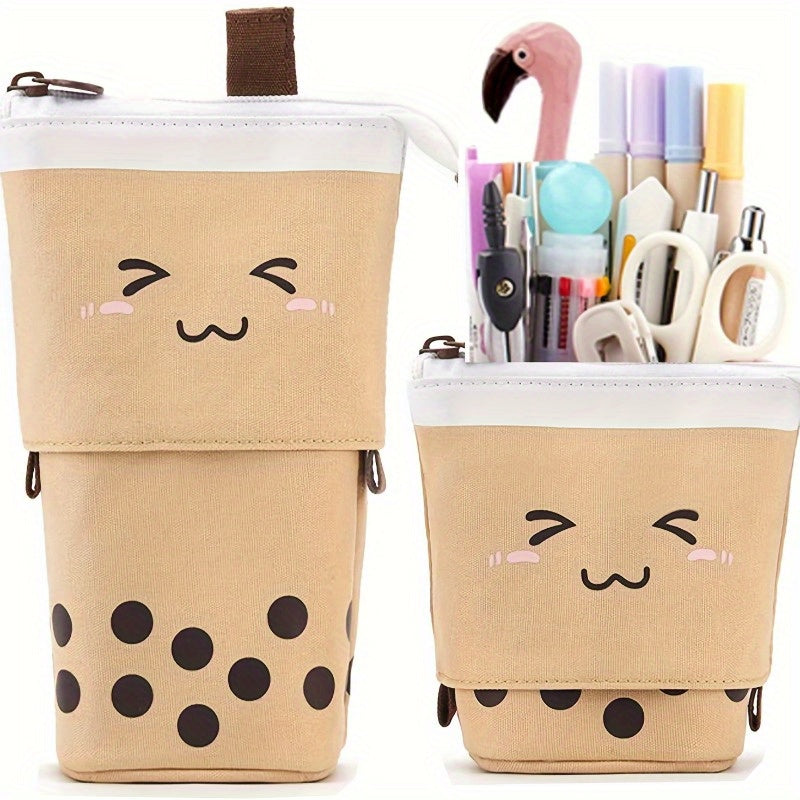 [Polyester Pencil Case] Durable Polyester 1pc Large Capacity Pencil Case | Smiling Face Design, Telescopic Extension, Spacious Stationery Holder for School, Office, Travel - Features Pens, Pencils & Erasers Compartments, Pencil Pouch
