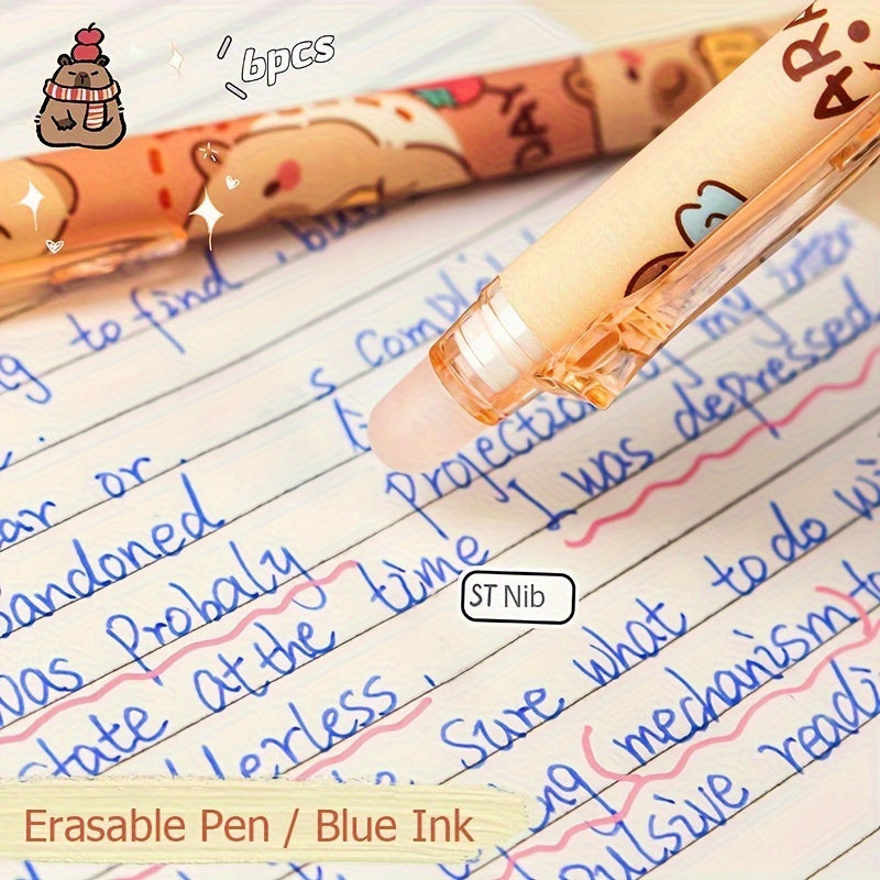 6pcs Set of Capybara Themed Erasable Gel Pens, Blue Ink Retractable Design, Smooth Writing, Fast Drying Office Accessory, Elegant Stationery Pen