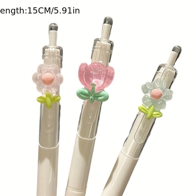 3pcs Tulip Flower Gel Roller Pens, Medium 0.5mm, Quick-drying Plastic Writing Pens, School and Office Supplies