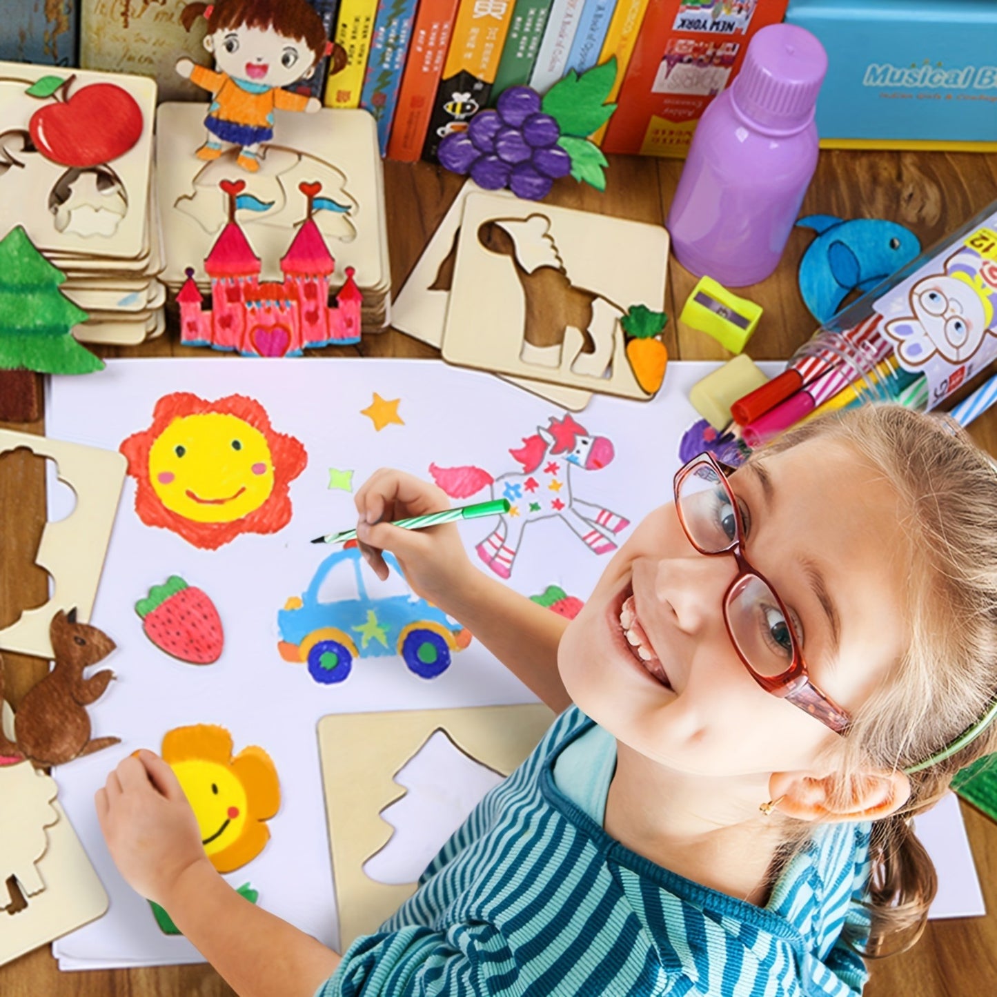 10pcs Educational Toys, Arts Crafts Setwooden Drawing Stencils Kit, Drawing Board Toys Coloring Puzzle, Christmas, Halloween Gaming Gift Thanksgiving