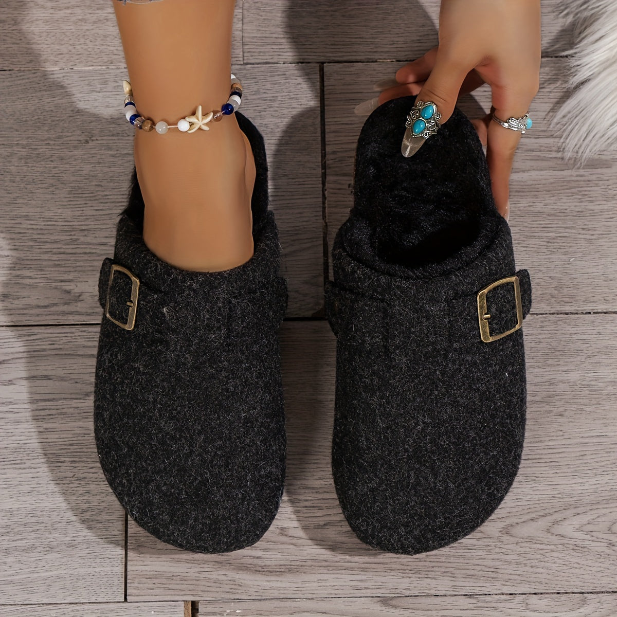 [Comfortable Fleece Slippers] Warm Fleece-Lined Slippers | Autumn and Winter Women's Fashion Casual Comfortable, Slip-on Thick Sole Half-Covered Heel Slides