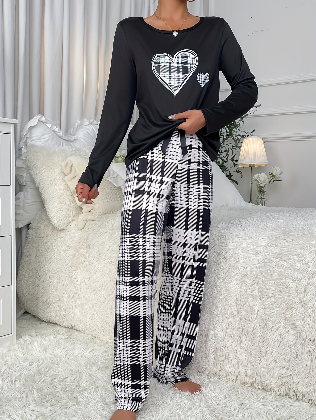 Cozy Heart Print Pajama Set - Soft Polyester Knit Fabric, Long Sleeve Crew Neck Top with Adorable Bow Detail, Plaid Pants for Fall/Winter, Comfortable Sleepwear Two-Piece Outfit for Women