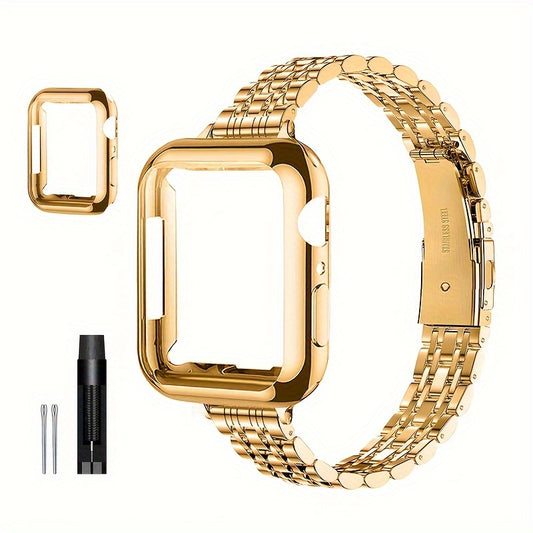 [Elegant Watch Band] Gold-Plated Stainless Steel 1pc Watch Band | Foldover Clasp and Protective Case for Apple Watch, Compatible with iWatch Series 1-9/SE/SE2, Elegant Women's Wristband Accessory