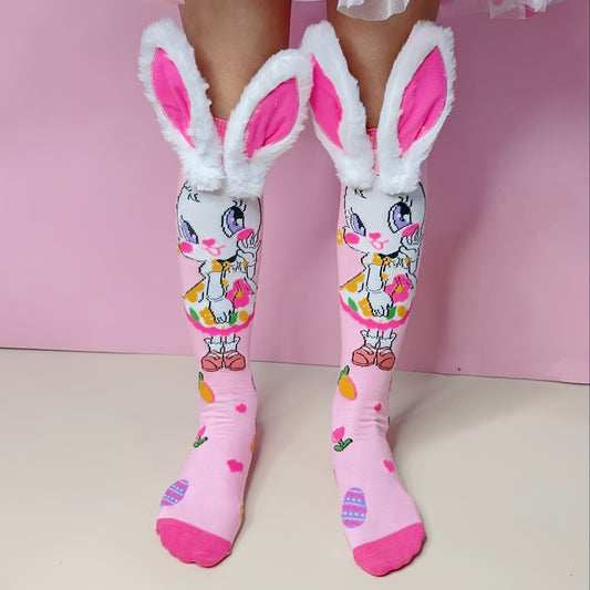 [Colorful Bunny Socks] 1 Pair Bunny Ear Knee-High Socks | Colorful Cartoon Rabbit Design with Easter Eggs & Flowers, Soft Polyester All-Season Machine Washable Socks Fashion