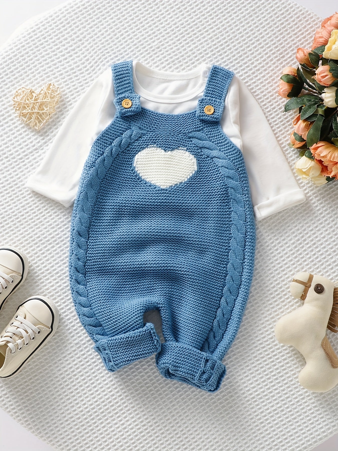 Unisex Bodysuit with Heart Jacquard Detail - Soft 100% Acrylic Square Neck Winter Outfit, Elastic Crotch & Snap Closure, Light Green Adorable Clothing for &, Perfect for Outdoor