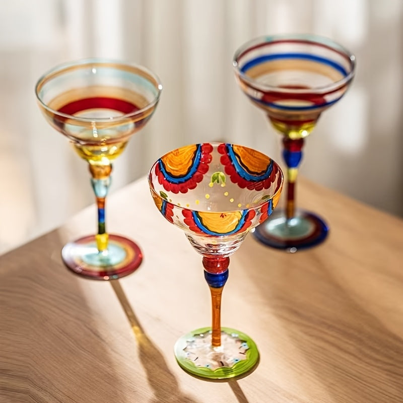 [Hand-Painted Margarita Glasses] Colorful Hand-Painted Margarita Glasses | Unique Floral & Geometric Design Cocktail Goblets for Home Bars | Hand Wash Only