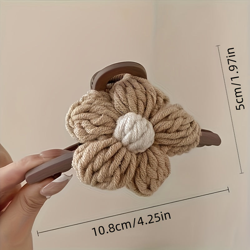 [Cute Hair Clips] Cute 1pc Chinese Style Flannelette Knitted Flower Jaw Clips | Hair Clamps Ponytail Holder Shark Clips, Color Matching Women Girls Hair Accessories