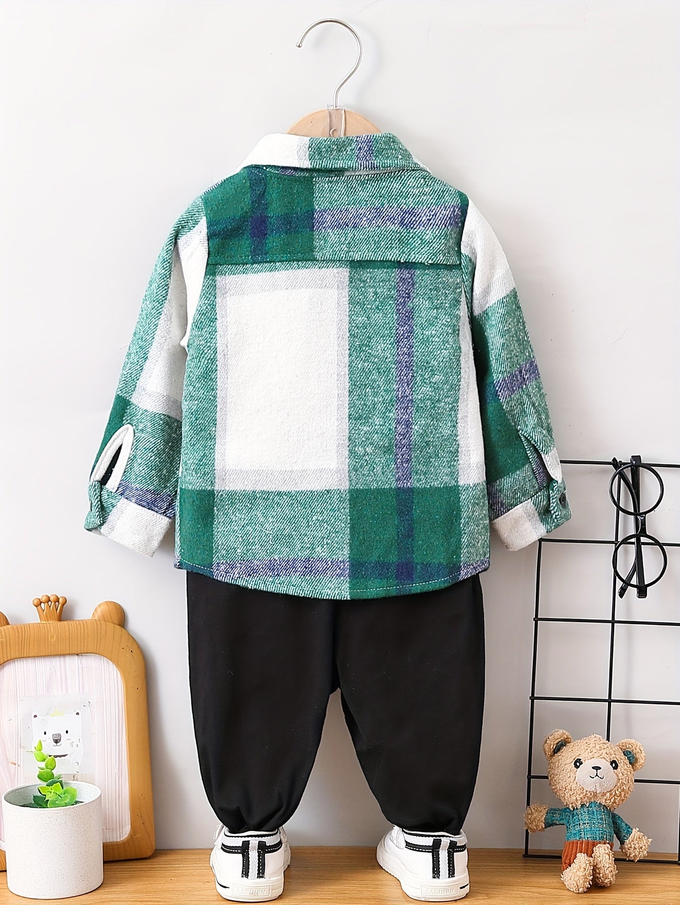 Baby Boys Stylish Lapel Plaid Coat Solid Color Trousers 2pcs Cotton Outdoor Set For Autumn And Winter Without T-shirt