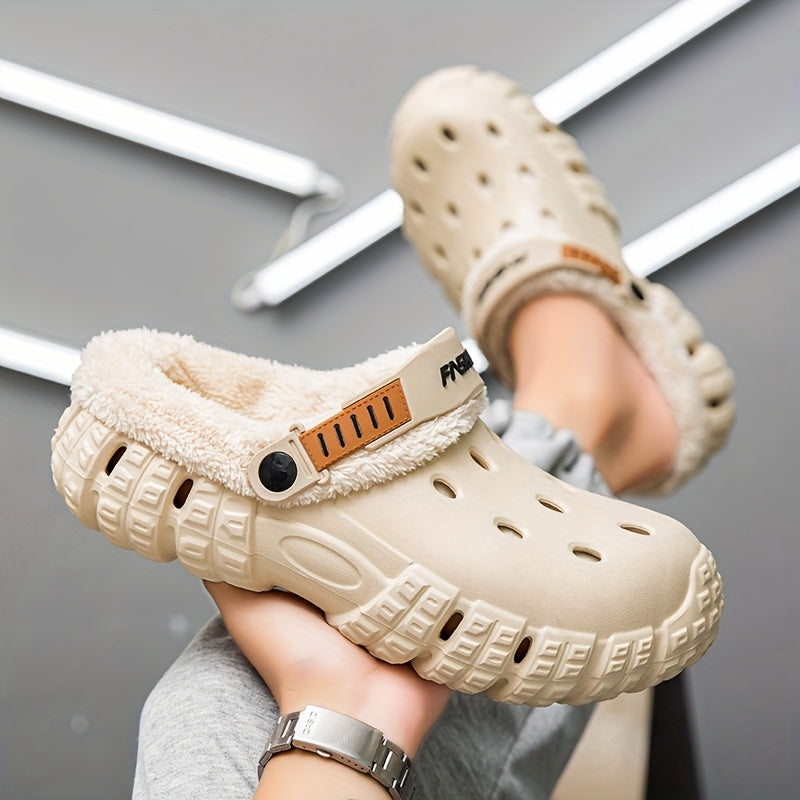 Unisex Winter Fleece-Lined Slip-On Clogs with Removable Plush Inner Lining, Non-Slip EVA Sole & Thick Insulation for Snow & Cold Weather - Beige Casual Shoes for Men and Women, Winter Shoes, Outdoor Footwear, Unique Tread Pattern, Durable Grip Footwear