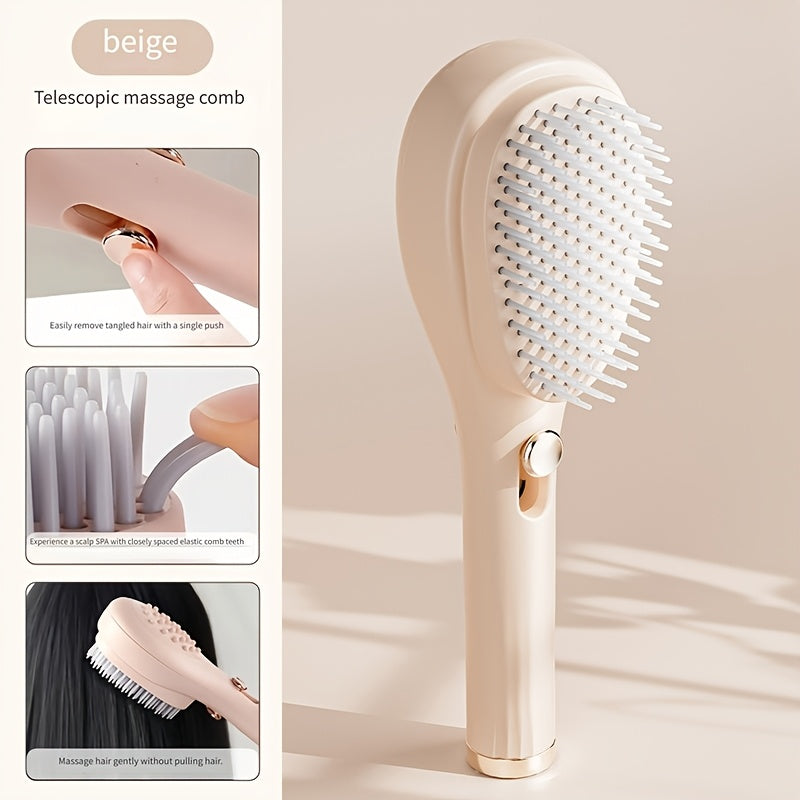 Telescopic Massage Comb for Hair & Scalp - Portable Foldable Hairbrush with Rubber Bristles & ABS Handle - Travel-Friendly Scalp Massager for Men & Women - Soft Pink & White Design, Hair Massager