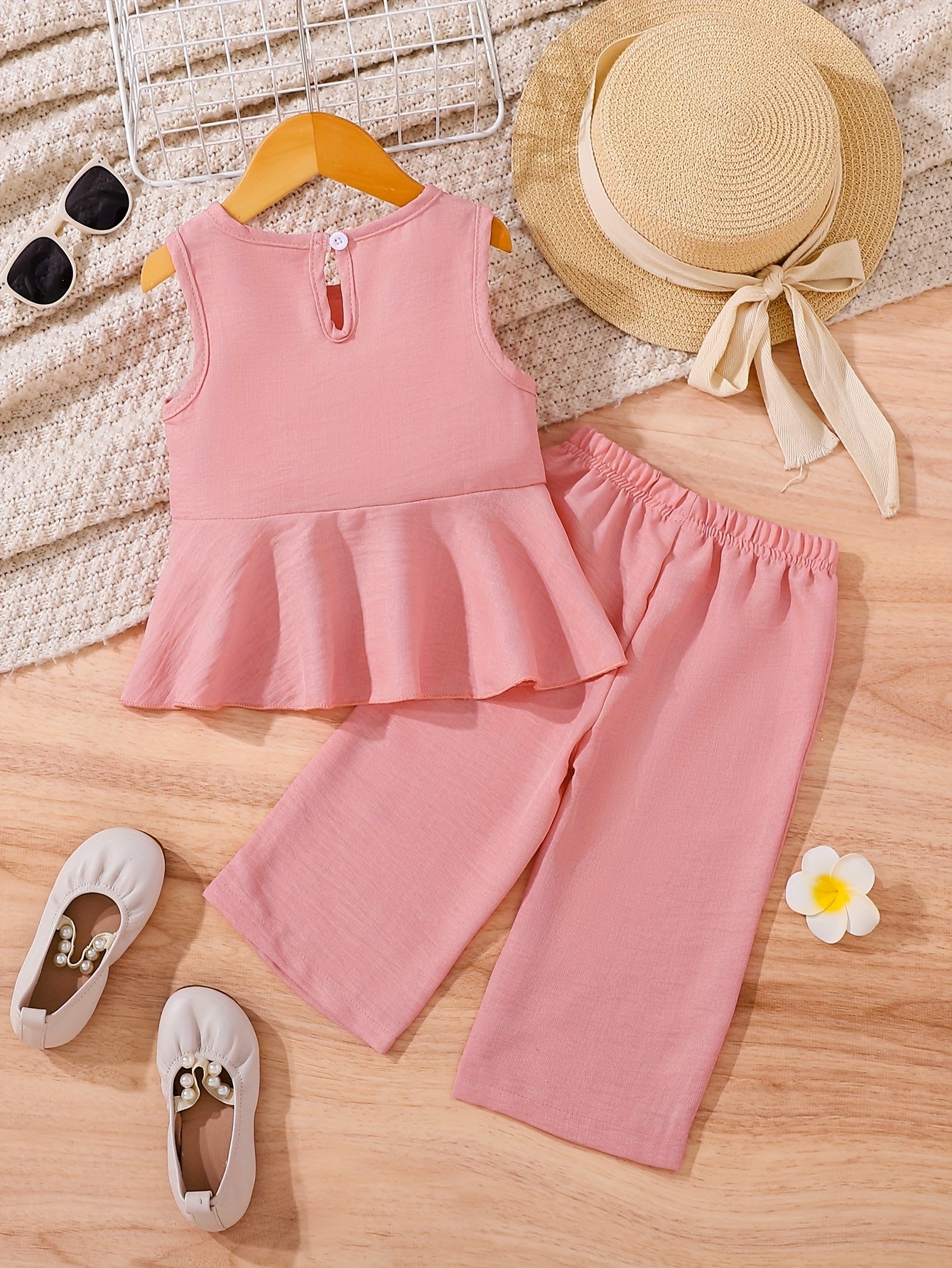 2pcs Young Girl Beach Vacation Set: Sleeveless Ruffle Hem Shirt + Wide Leg Pants, Sister Outfit, Perfect for Outdoor