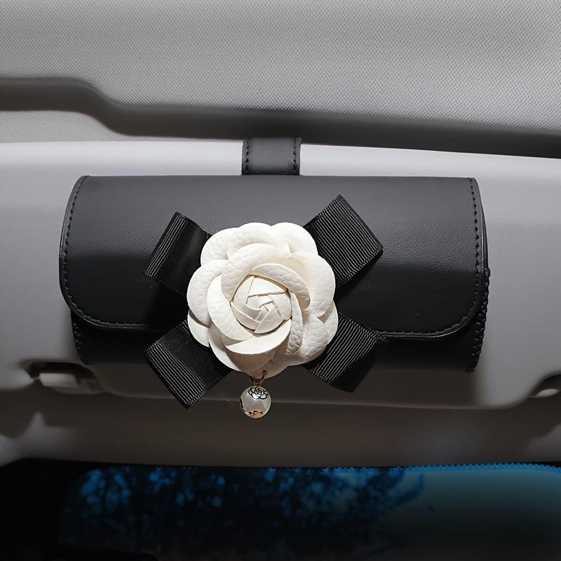 Stylish Camellia Flower Design PU Leather Car Visor Sunglasses Holder - Universal Eyeglass Clip with Bow and Pendant - Convenient Glasses Storage Box for Automotive Sun Visor Accessories