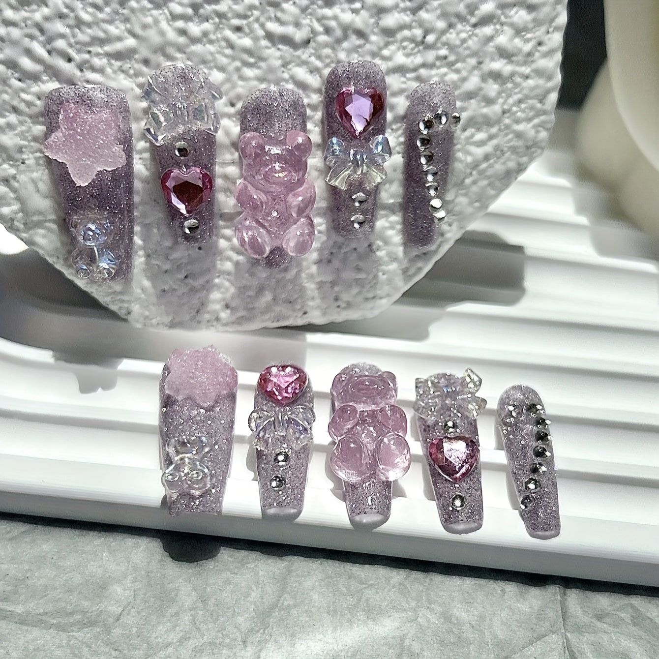 [Cute Handmade Nails] 10pcs Handmade Cartoon Nails | Cute Bow Bear Star Twinkling Nail Art, Wear Nails with 1 Jelly Sticker + 1 Sticker + 1 Nail File - No Glue