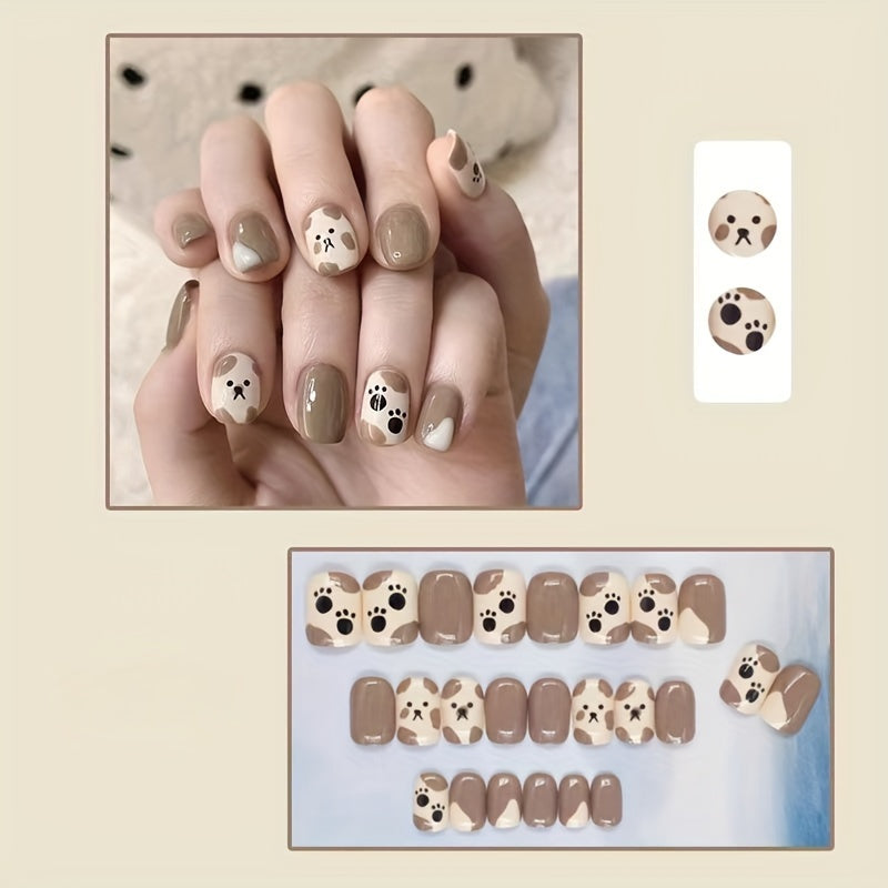 24pcs Cute Bear Design Fake Nails Set - Matte Finish, Animal Patterns, Reusable with Mini Nail File and Jelly Glue Included