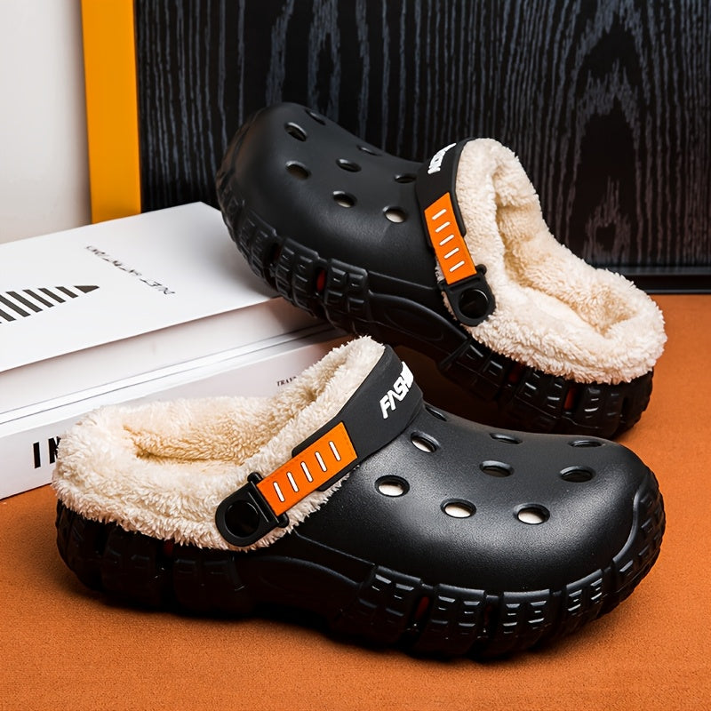 Unisex Winter Fleece-Lined Slip-On Clogs with Removable Plush Inner Lining, Non-Slip EVA Sole & Thick Insulation for Snow & Cold Weather - Beige Casual Shoes for Men and Women, Winter Shoes, Outdoor Footwear, Unique Tread Pattern, Durable Grip Footwear