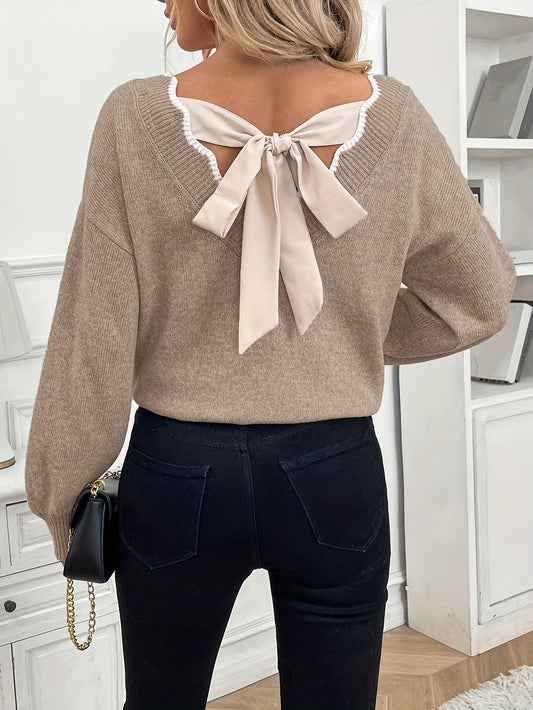 Women'S Elegant V-Neck Pullover Sweater with Puff Sleeves & Bow Tie Back - Loose Fit Casual Sweet Style, Beige, Long Sleeve, Perfect for Daily Wear or Gatherings, Casual Wear Sweater | Vneck Sweater | Glossy Texture