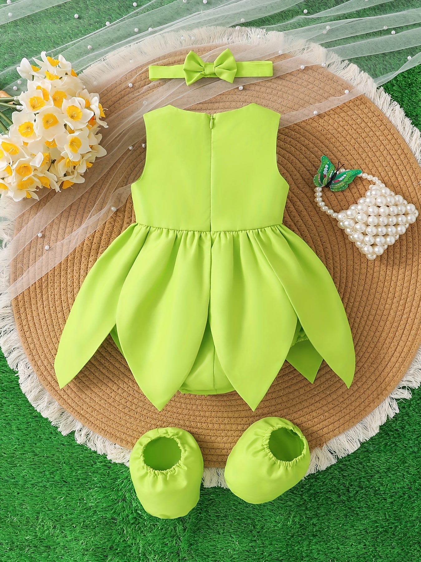 [Cute Fairy Dress] Summer Cute Green Fairy Princess Petal Dress Set for Baby Girl | Sleeveless Top with Ruffled Skirt, Matching Headband & Hair Accessories, Soft Non-Stretch Fabric