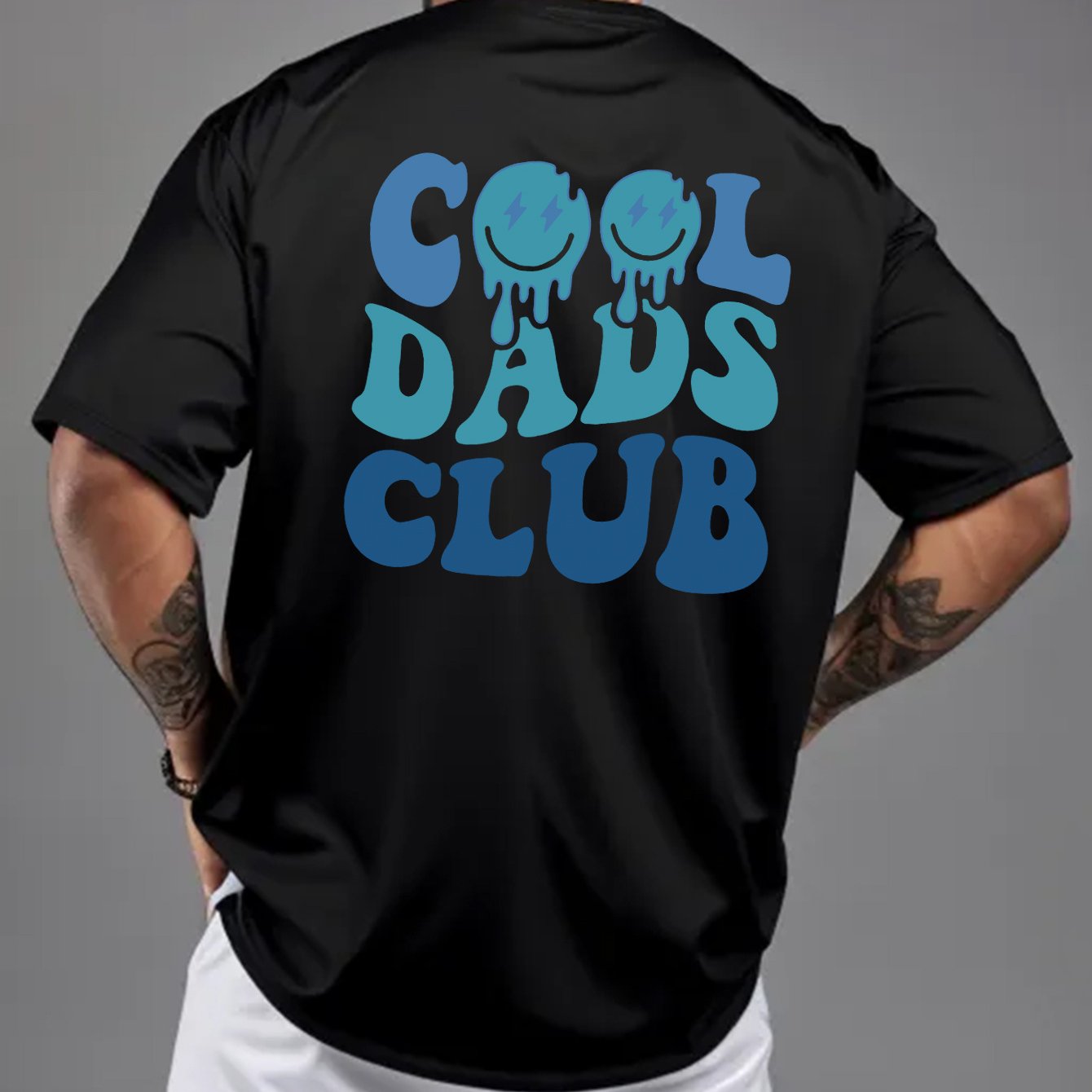 Men's Stylish Blue Cool Dad Club Letter Lightning Eye Smile Print, Lightweight Comfortable T-Shirt, Gift for Father, Friend, Christmas Present, Breathable Casual Versatile Short-Sleeve Tee for Hiking and Fishing